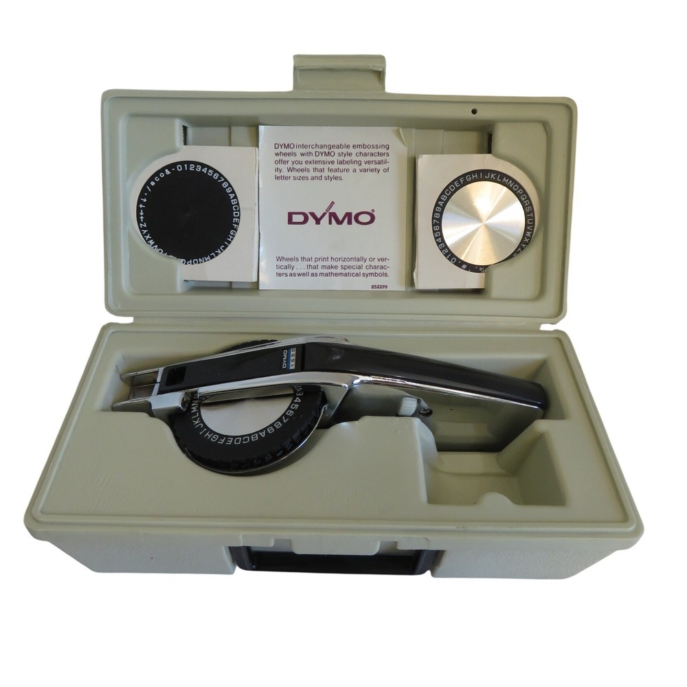 Vintage Dymo 1550 Deluxe Tapewriter Kit Chrome Embossing Label Maker 3 Wheels